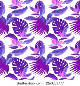 Vector seamless tropical pattern, vivid tropic foliage, with monstera leaf, palm leaves, bird of paradise flower. Pattern trend design.