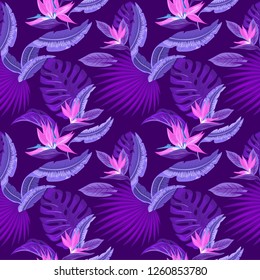 Vector seamless tropical pattern, vivid tropic foliage, with monstera leaf, palm leaves, bird of paradise flower. Pattern trend design.