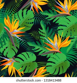 Vector seamless tropical pattern, vivid tropic foliage, with monstera leaf, palm leaves, paradise exotic flower, in bloom. Modern bright summer print design.