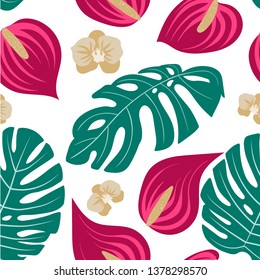 Vector seamless tropical pattern, vivid tropic foliage, with leaves, flowers. Modern bright summer print design