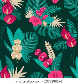 Vector seamless tropical pattern, vivid tropic foliage, with leaves, flowers. Modern bright summer print design