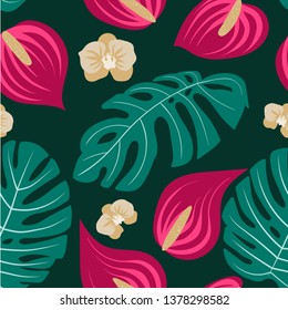 Vector seamless tropical pattern, vivid tropic foliage, with leaves, flowers. Modern bright summer print design