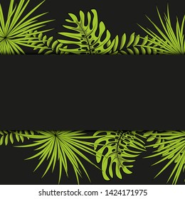 Vector seamless tropical pattern, vivid tropic foliage, with palm leaves. Modern bright summer print design. Black background