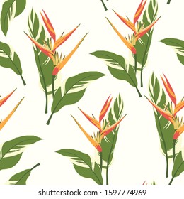 Vector seamless tropical pattern, vivid tropic foliage, with palm leaves, bird of paradise flower, heliconia in bloom. White background.