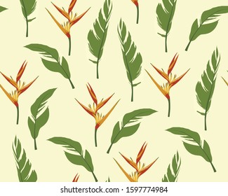 Vector seamless tropical pattern, vivid tropic foliage, with palm leaves, bird of paradise flower, heliconia in bloom. Yellow background.
