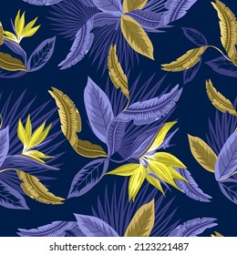 Vector seamless tropical pattern, vivid tropic foliage, with monstera leaf, palm leaves, bird of paradise flower. Pattern trend design. Palette with the color of the year 2022 Very Peri.  