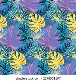 Vector seamless tropical pattern, vivid tropic foliage, with monstera leaf, palm leaves. Modern bright summer print design.