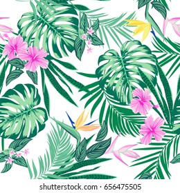 Vector seamless tropical pattern, vivid tropic foliage, with monstera leaf, palm leaves, bird of paradise flower, hibiscus in bloom. modern bright summer print design