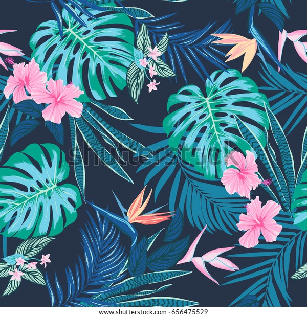 Vector seamless\
tropical pattern, vivid tropic foliage, with monstera leaf, palm\
leaves, bird of paradise flower, hibiscus in bloom. modern bright\
summer print design