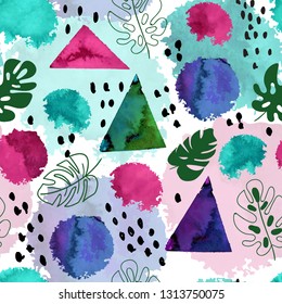 Vector seamless  tropical pattern with watercolor palm leaves and grungy dots and blobs.