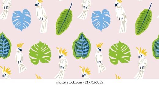 Vector seamless tropical pattern with white parrots and tropical leaves on pink background. Hand drawn style holiday pattern. Pink paradise textile design