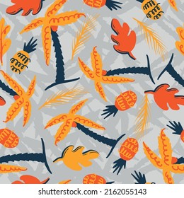 vector seamless tropical print. palm trees, graphical, pineapple, leaves, leaf, nature, spring summer time pattern, fruits, ocean flora.
