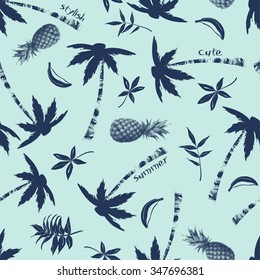 vector seamless tropical print. palm trees, graphical, pineapple,  leaves, leaf, words, slogans, nature, spring summer time pattern, banana, fruits, ocean flora.