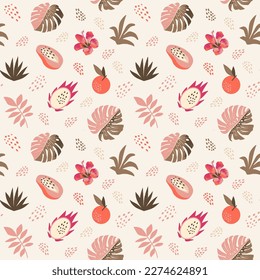 Vector seamless tropical summer organic healthy fruit jungle pattern. Abstract modern background in soft Danish pastel colors. Wrapping paper with monstera leaves, papaya, dragon fruit, oranges, seeds