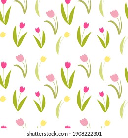 Vector seamless tulips pattern. Hand drawn different spring tulips flower on white background. Cute spring and summer print, home decor, wrapping paper, textile.