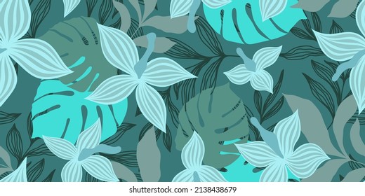 VECTOR SEAMLESS TURQUOISE BANNER WITH MINT FLOWERS AND COLORFUL TROPICAL LEAVES