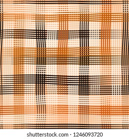 Vector seamless tweed plaid pattern with bold crossing lines and stripe hand drawn in vintage fashion style. Tiles pattern with check, squares in brown. Vector simple tartan background. Grunge texture