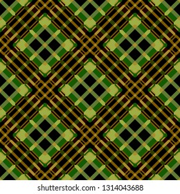 Vector seamless tweed plaid pattern with thin crossing lines and stripe in vintage fashion style. Tiles pattern with check, squares in green. Vector simple tartan background. Grunge texture