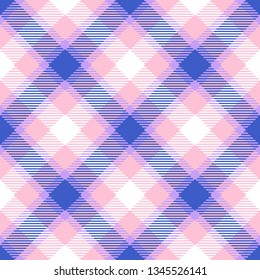Vector seamless tweed plaid pattern with blue pink crossing lines and stripe hand drawn in vintage fashion style. Tiles pattern with check, squares. Vector simple tartan background. Grunge texture