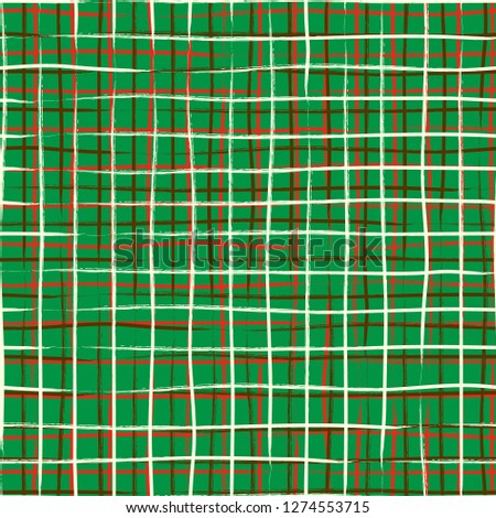 Vector seamless tweed plaid pattern with thin crossing lines and stripe hand drawn in vintage fashion style. Tiles pattern with check, squares in green. Vector simple tartan background. Grunge texture