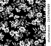 vector seamless two color hand drawn floral pattern on black background. Multidirectional allover design with flowers and leaves. Spring summer bloom, flowers in bouquets. Black and white