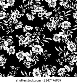 vector seamless two color hand drawn floral pattern on black background. Multidirectional allover design with flowers and leaves. Spring summer bloom, flowers in bouquets. Black and white