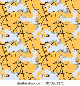 Vector seamless UFO camo pattern. Modern stylish texture as urban camouflage. Repeating endless yellow background with cracks and grunge blue spots. Usable as print, backdrop or stylish camoflage