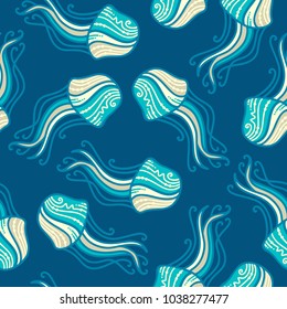 Vector seamless underwater jellyfish pattern. Cartoon swimming jellyfish on dark blue background. Boundless background can be used for web page backgrounds, wallpapers, wrapping papers and invitations