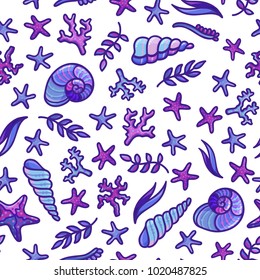 Vector seamless underwater ocean pattern. Various sea plants and algae, shells, corals and starfish on white background. Cartoon boundless background. Good for web page background or wrapping paper.