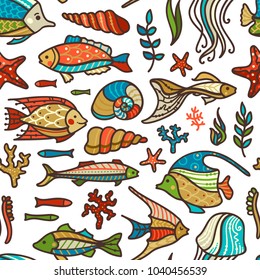 Vector seamless underwater ocean pattern. Colourful fish, sea plants and algae, shells and starfish on white background. Cartoon boundless background. Great for web page backgrounds or invitations.