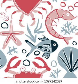 Vector Seamless Underwater Pattern with crabs, shrimps, seastars and fish. Scandinavian naive style. 