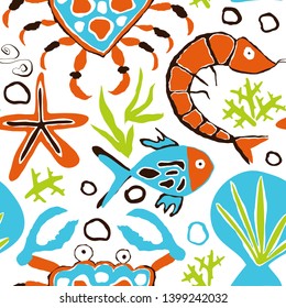 Vector Seamless Underwater Pattern with crabs, shrimps, seastars and fish. Scandinavian naive style. 