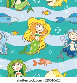 Vector seamless underwater pattern with cute cartoon mermaids and fishes.