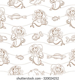 Vector seamless underwater pattern with cute cartoon mermaids and fishes.