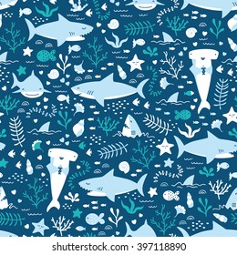 Vector seamless underwater pattern with cute sharks