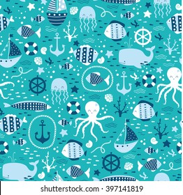 Vector seamless underwater pattern with fishes, octopus and whale