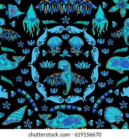 Vector seamless underwater pattern with fishes, octopus, whale and jellyfish.