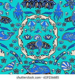 Vector seamless underwater pattern with fishes, octopus, whale and jellyfish.