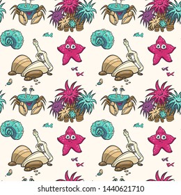 Vector seamless underwater pattern with funny characters, anemone and bottle. Cartoon style on white background