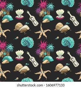 Vector seamless underwater pattern with funny characters, anemone and stones. Cartoon style on black background