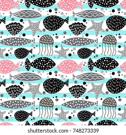 Vector seamless underwater pattern with marine inhabitants: fish, starfish, jellyfish, shell with dots, bubbles and stripes. Childish texture for fabric, textile