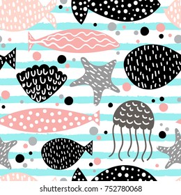 Vector seamless underwater pattern with marine inhabitants: fish, starfish, jellyfish, shell with dots, bubbles and stripes. Childish texture for fabric, textile