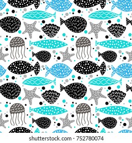 Vector seamless underwater pattern with marine inhabitants: fish, starfish, jellyfish, shell with dots, bubbles and stripes. Childish texture for fabric, textile