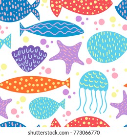 Vector seamless underwater pattern with marine inhabitants: fish, starfish, jellyfish, shell with dots, bubbles and stripes. Childish texture for fabric, textile