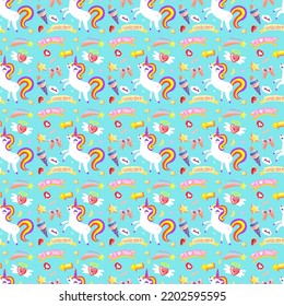 Vector seamless unicorn pattern with cartoon  on a color background.