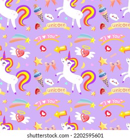 Vector seamless unicorn pattern with cartoon  on a color background.