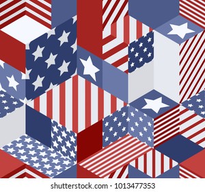 Vector seamless USA flags pattern. 3d isometric cubes background in american flag colors. Geometric patchwork illustration.