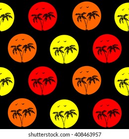 Vector seamless vacation pattern with  abstract palms. Color circles with palms silhouette on black background.