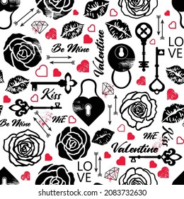 Vector seamless valentine day  love  romance pattern and hand  draw roses  lips  keys   lockers  Red  black   white colors  like hate   love together 