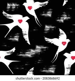 Vector seamless valentine day  love  romance pattern and hand  draw swallow birds in the night  Red  black   white colors  like hate   love together  Perfect for home decor  fabrics  textiles  wal